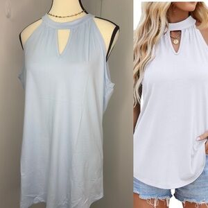 WNEEDU Light Blue Tank Tops Halter Eyelet Sleeveless Tank Cami Gradients V-Neck